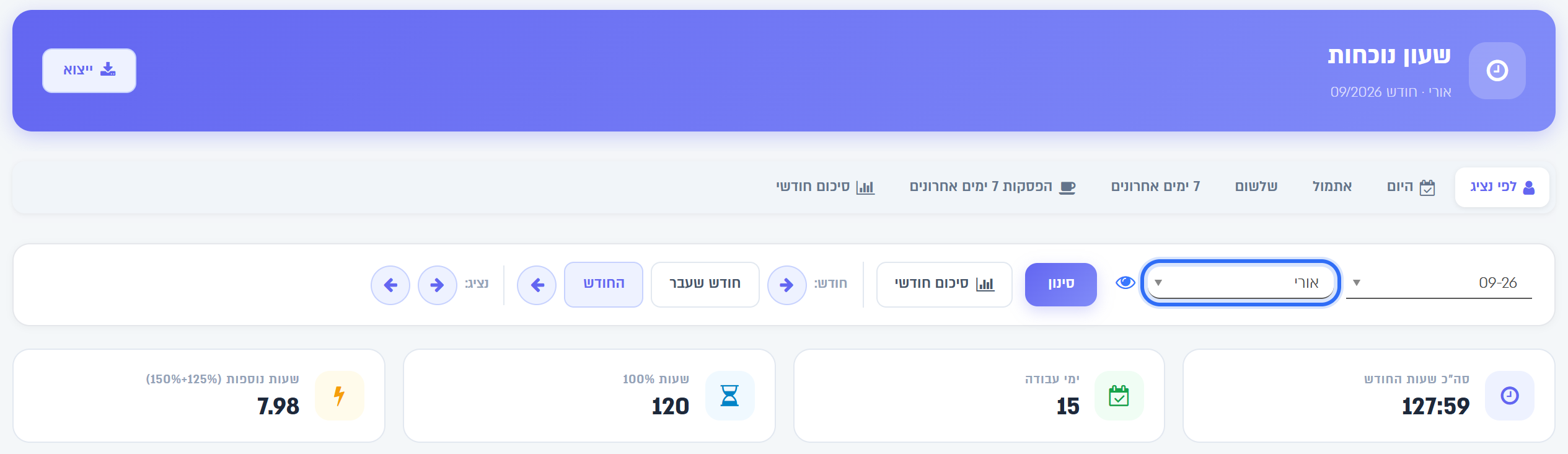 מסך לפי נציג: בחירת העובד והחודש