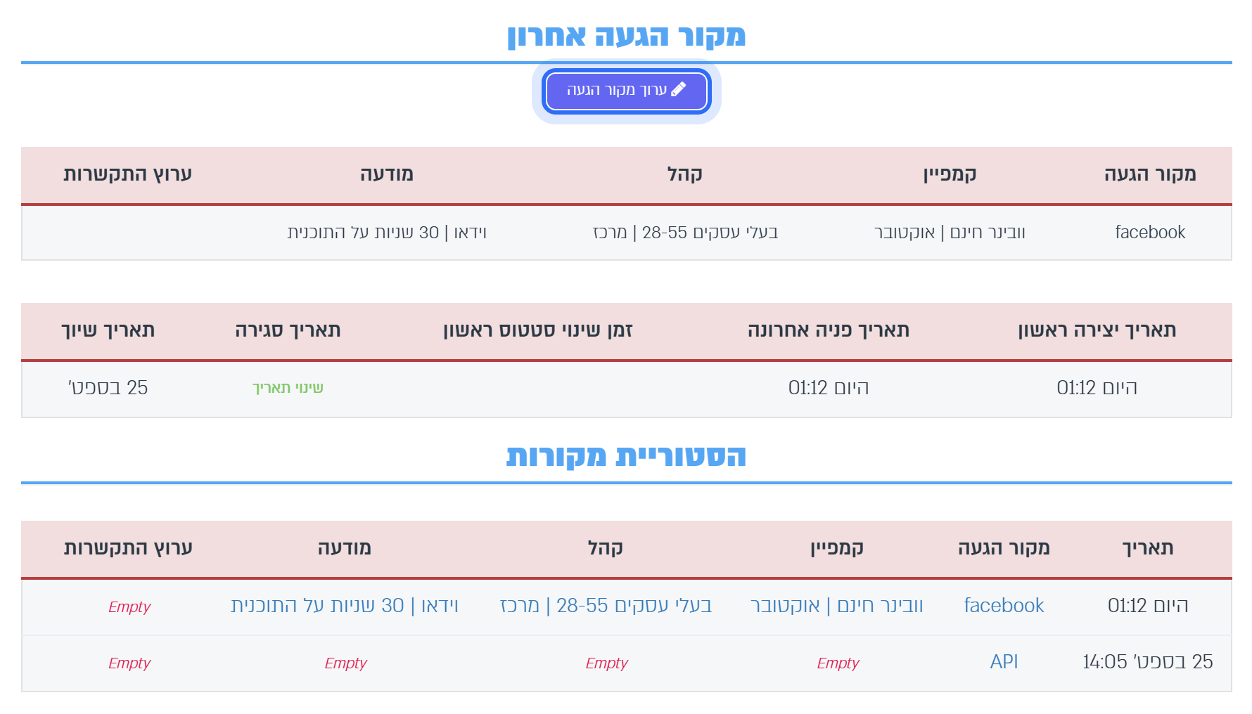 לשונית מקורות: מקור הגעה אחרון, הכפתור ערוך מקור הגעה והסטוריית מקורות עם שתי כניסות