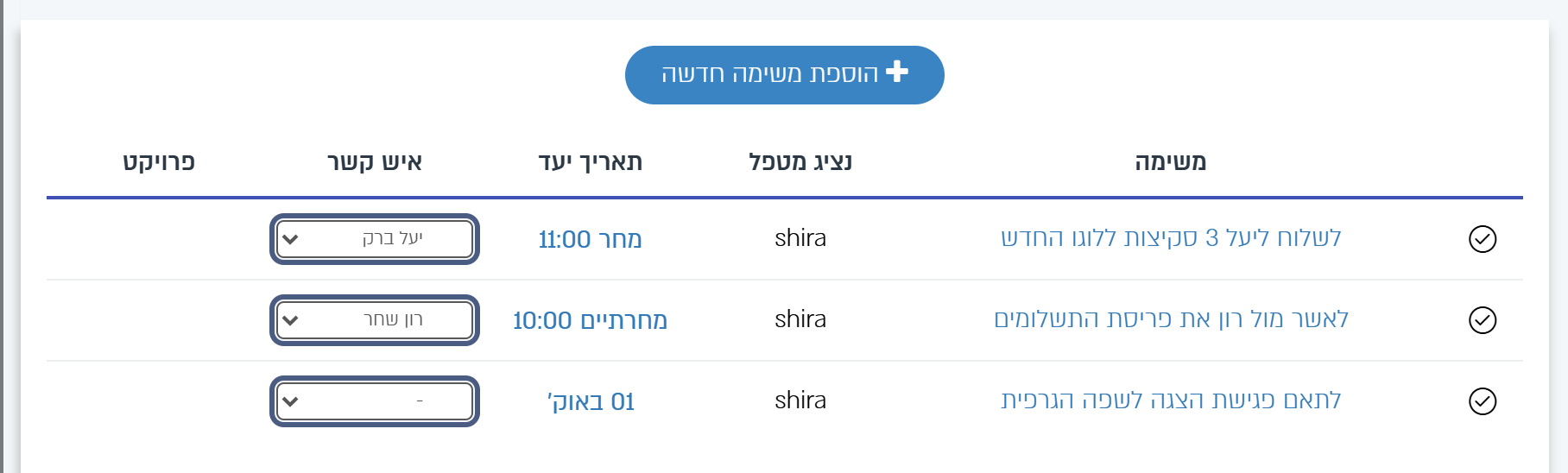 העמודה איש קשר בטאב המשימות של הליד