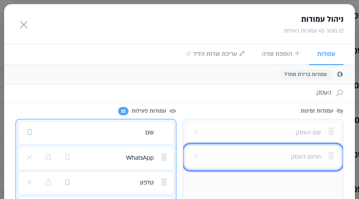 ניהול עמודות: השדה תחום העסק ברשימת העמודות הזמינות