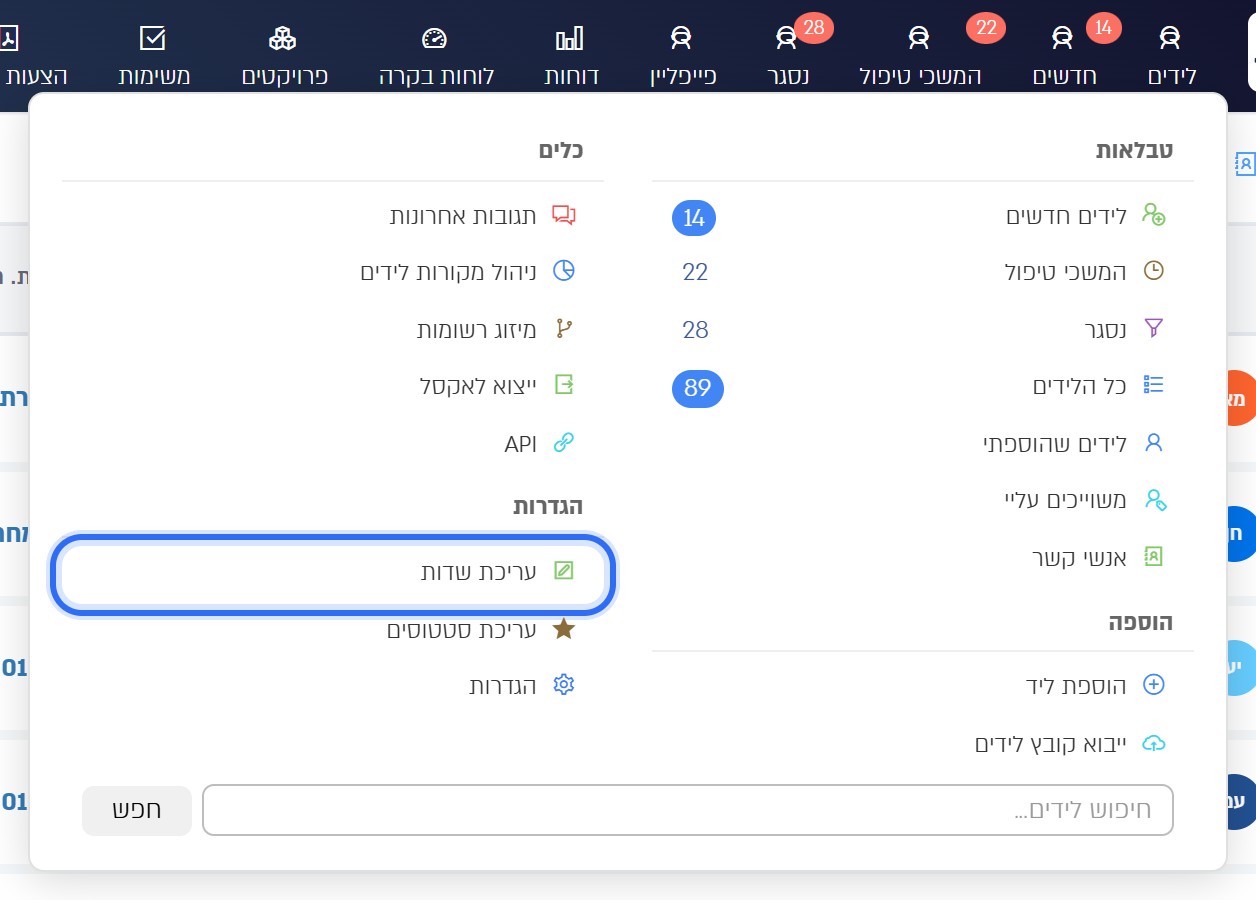תפריט הלידים: עריכת שדות בקבוצת הגדרות