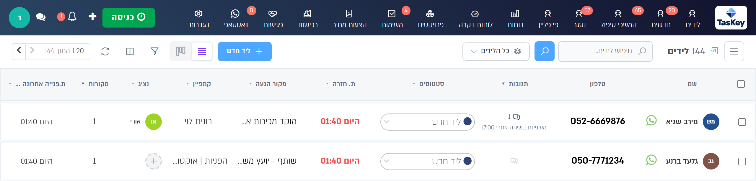 טבלת הלידים: שני לידים מהטופס, עם מקור ההגעה והקמפיין שהספק מילא