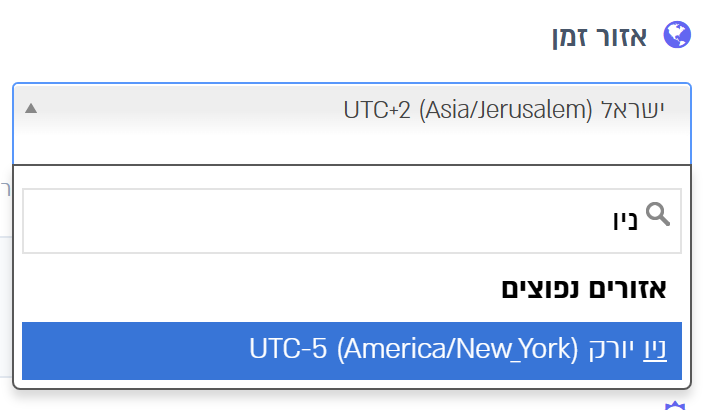 חיפוש אזור זמן: הקלדת ניו מציגה את ניו יורק