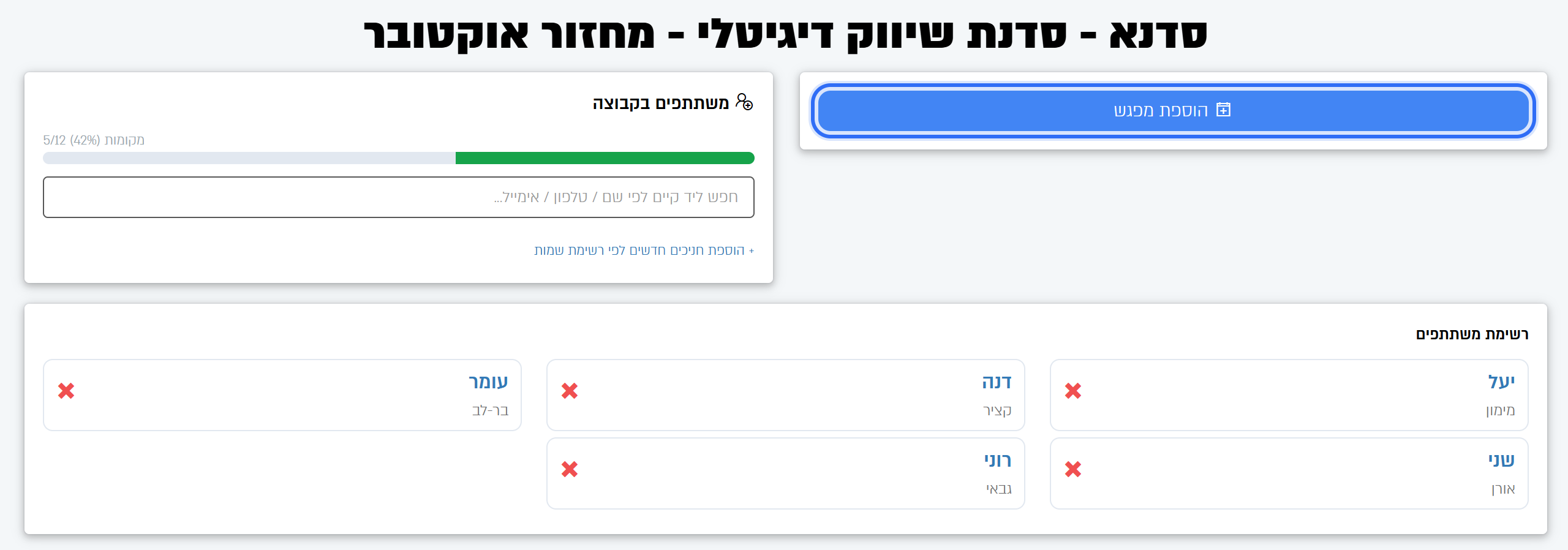 דף הקבוצה: הוספת מפגש, משתתפים בקבוצה ורשימת המשתתפים