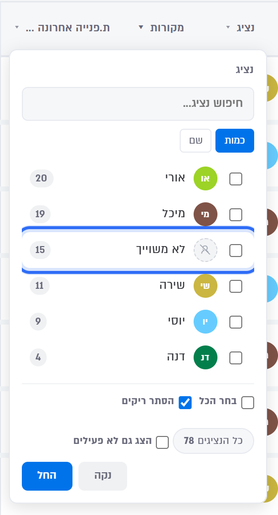 תפריט הנציגים עם ספירת לידים ושורת לא משוייך