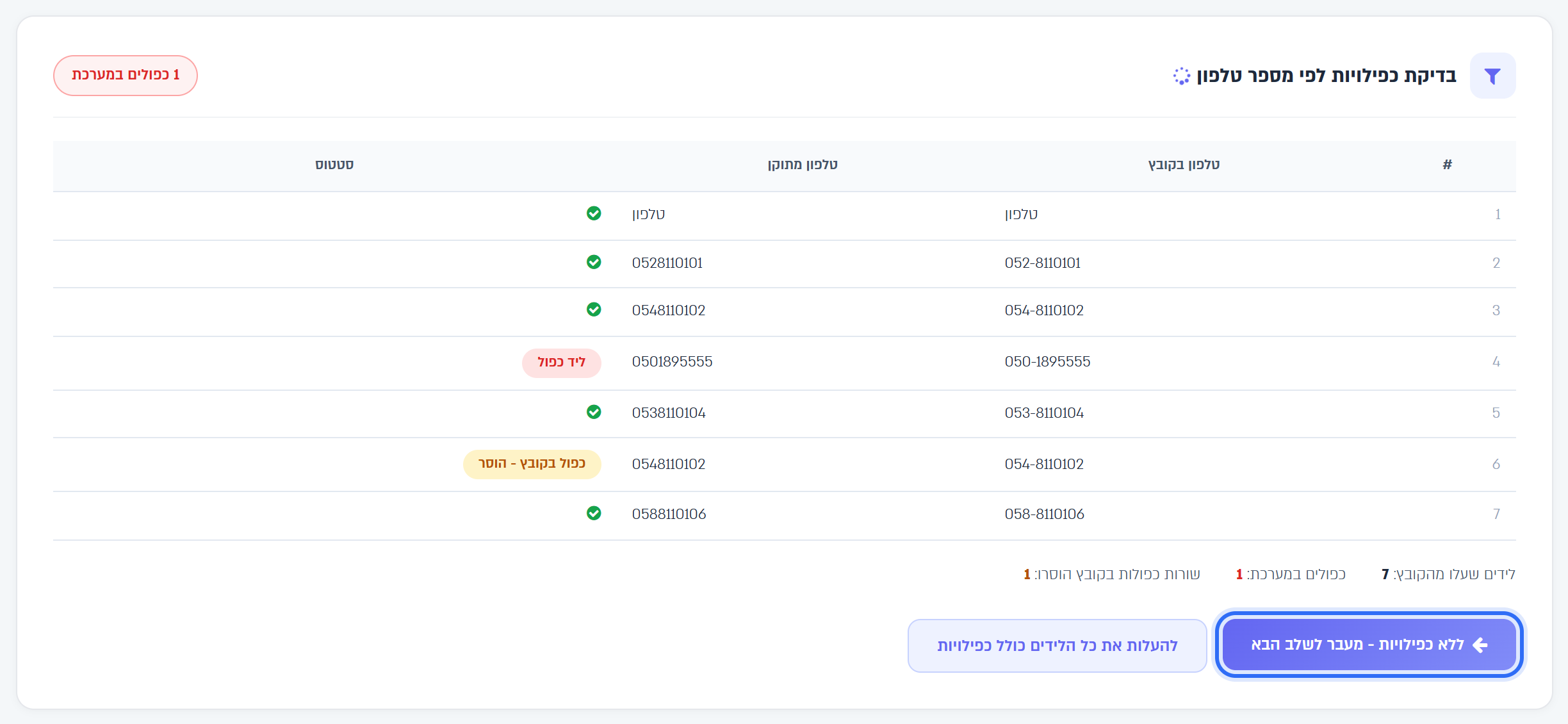 The duplicate check result: one lead already exists in the system and one duplicate row in the file was removed