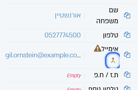 השדה אימייל בפרופיל: המשולש של אימייל כפול, וסמל המיזוג מסומן