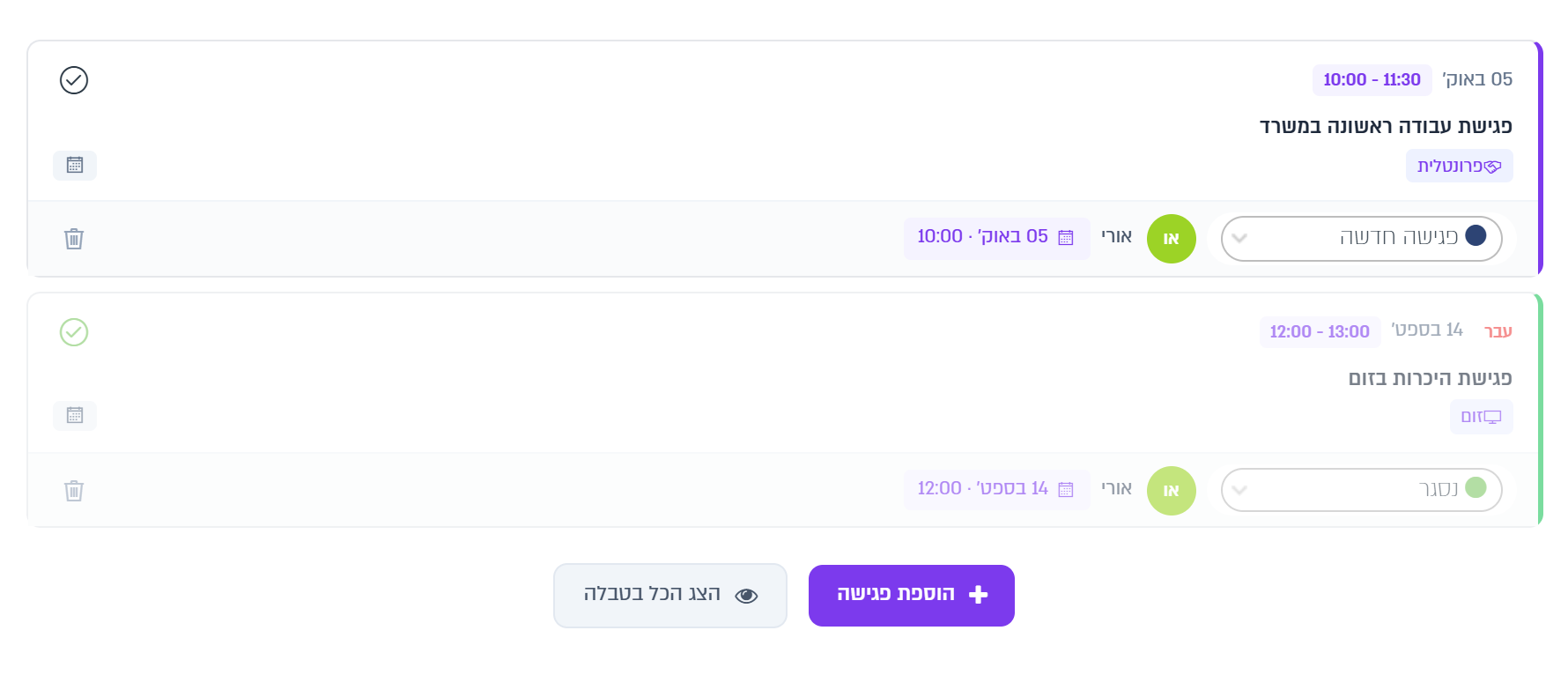 לשונית פגישות: פגישה עתידית ופגישת עבר שנסגרה