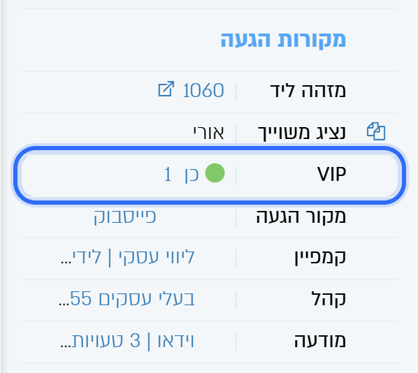השדה VIP בפרופיל, מסומן "כן"