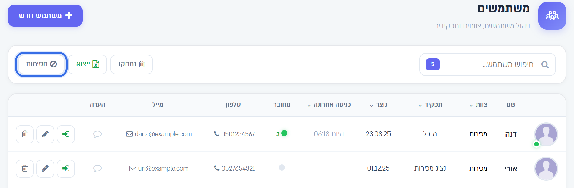 כפתור חסימות במסך המשתמשים