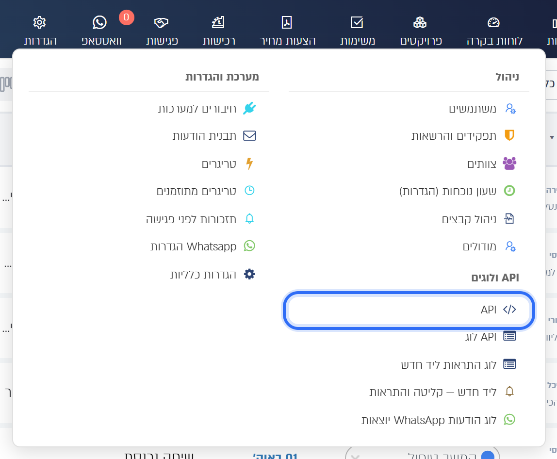 תפריט ההגדרות: API תחת API ולוגים