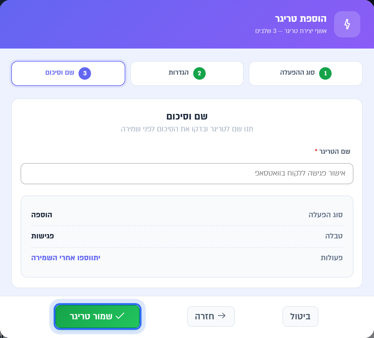 שלב שם וסיכום: שם הטריגר, הסיכום והכפתור שמור טריגר