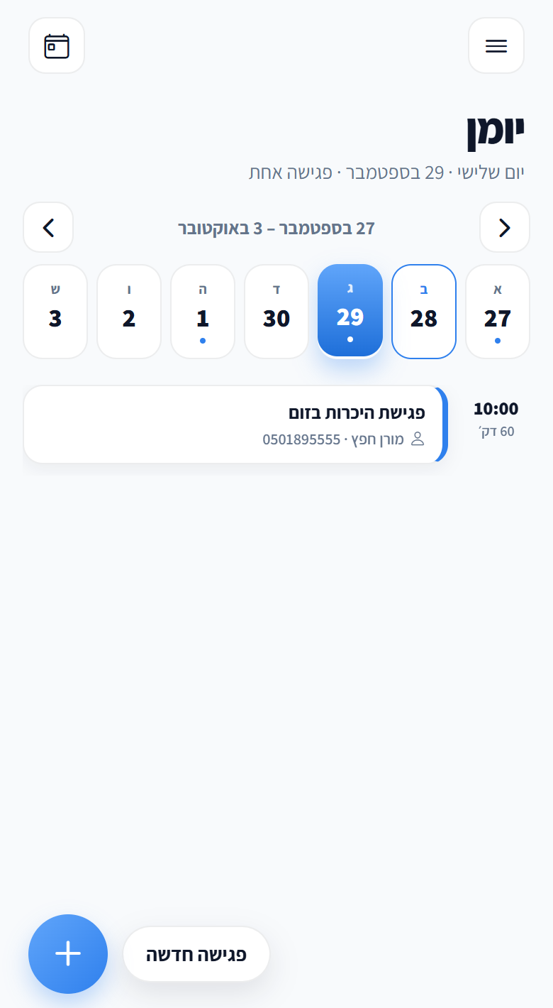The calendar: the days of the week and a meeting on the selected day