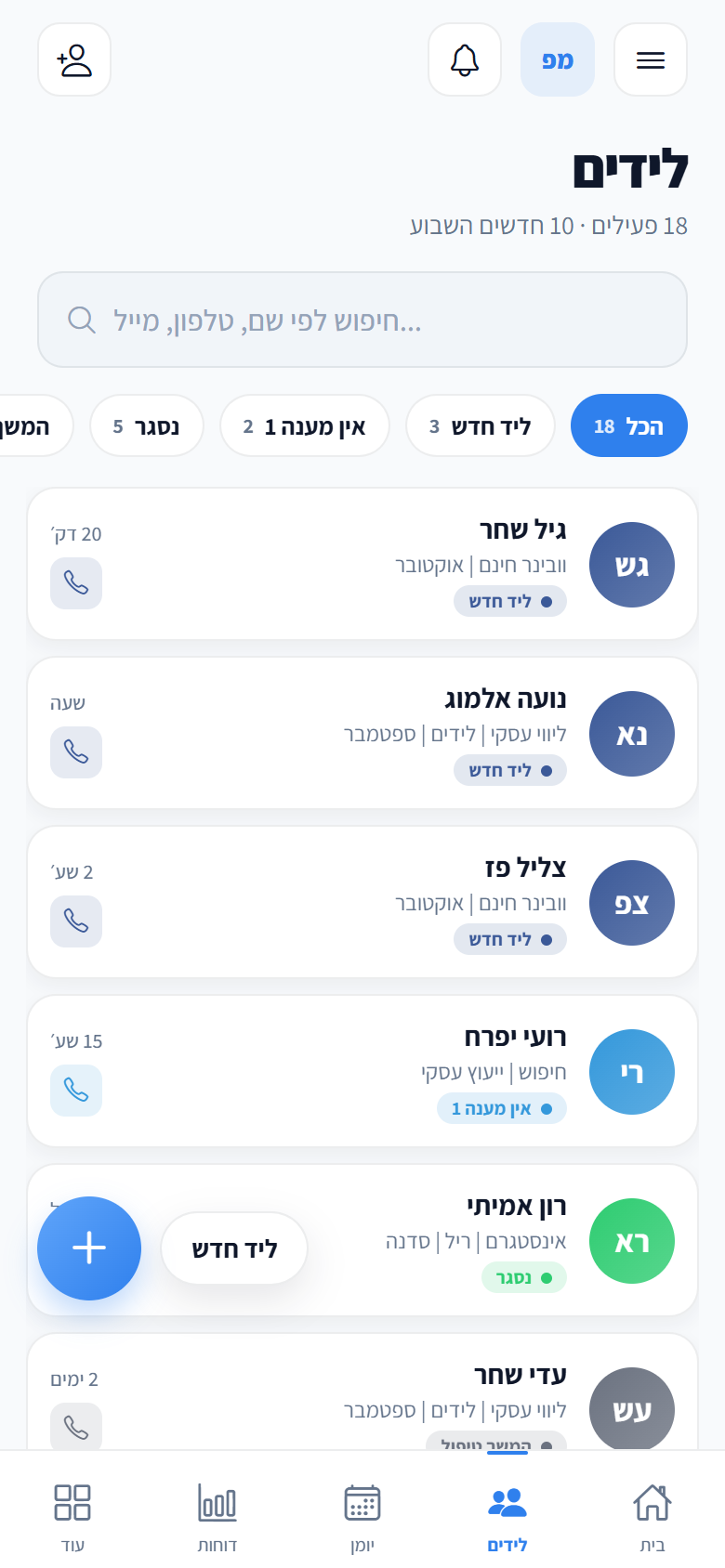 The leads list: search, filter by status and the new-lead button