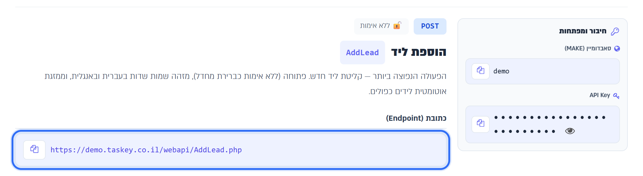 כתובת הקליטה של לידים במסך ה-API