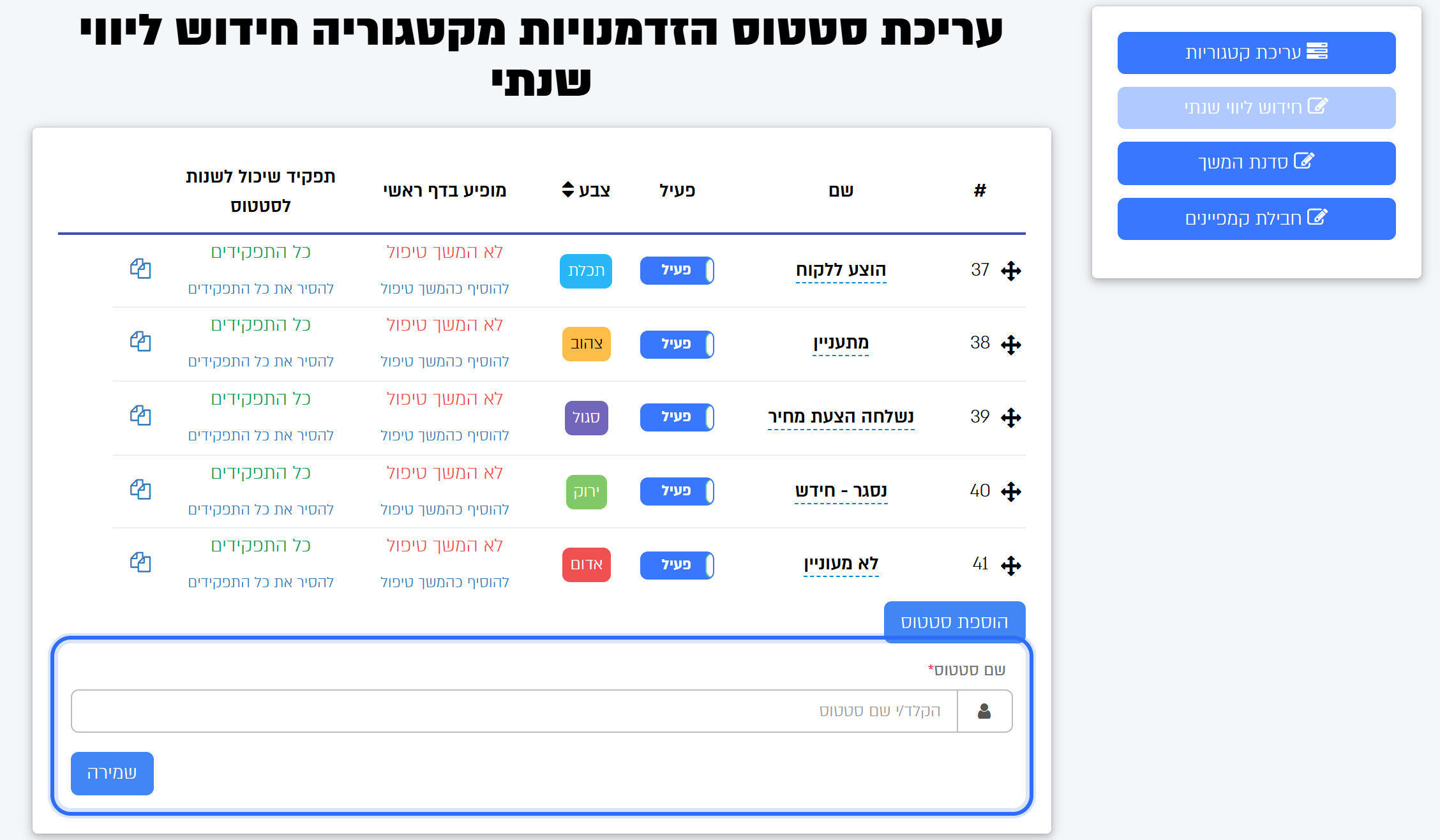 מסך הסטטוסים של קטגוריה: רשימת הסטטוסים וטופס הוספת סטטוס