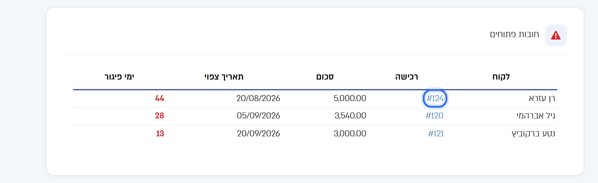 הטבלה חובות פתוחים, עם קישור לרכישה וימי הפיגור