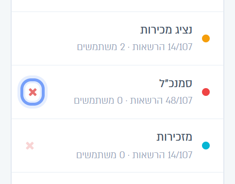 לתפקיד עם משתמשים אין ✕. לתפקידים בלי משתמשים יש ✕ למחיקה