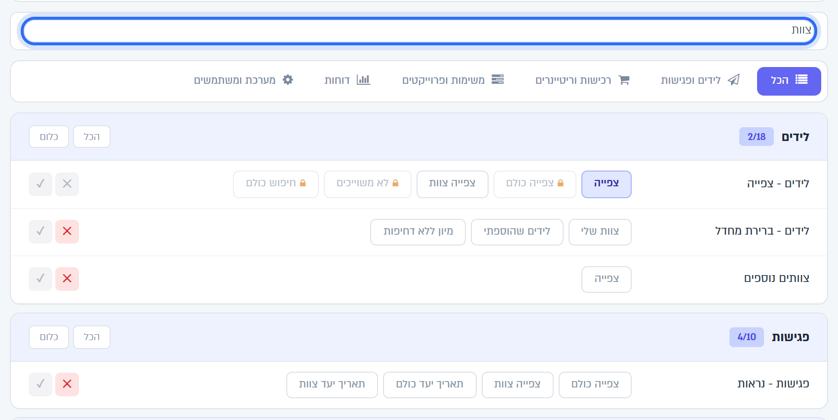 חיפוש המילה צוות: כל השורות עם הרשאות צוות, מכל הטאבים