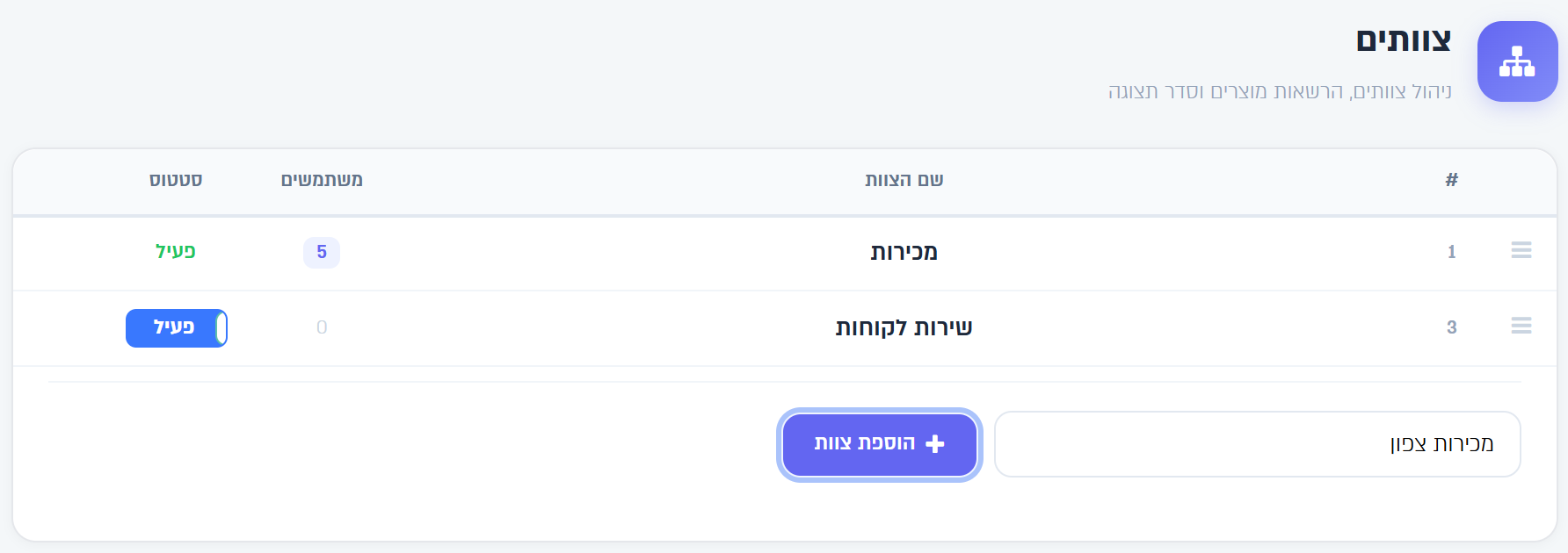 מסך הצוותים: שני צוותים, ושדה להוספת צוות חדש