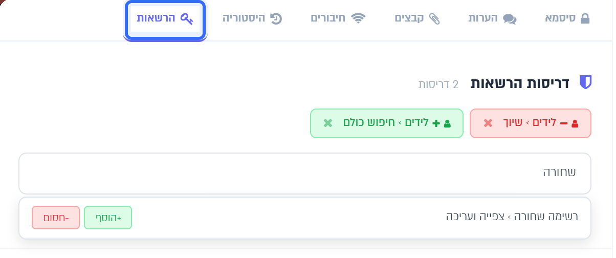 לשונית הרשאות בחלון העובד: שתי הרשאות אישיות, וחיפוש הרשאה להוספה