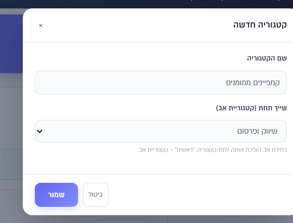 החלון "קטגוריה חדשה": שם הקטגוריה והקבוצה שהיא שייכת אליה