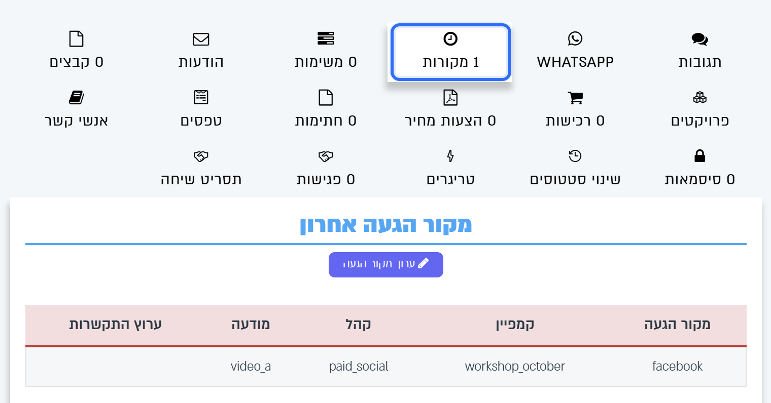 לשונית מקורות בכרטיס הליד: ערכי ה-UTM בשדות מקור הגעה, קמפיין, קהל ומודעה