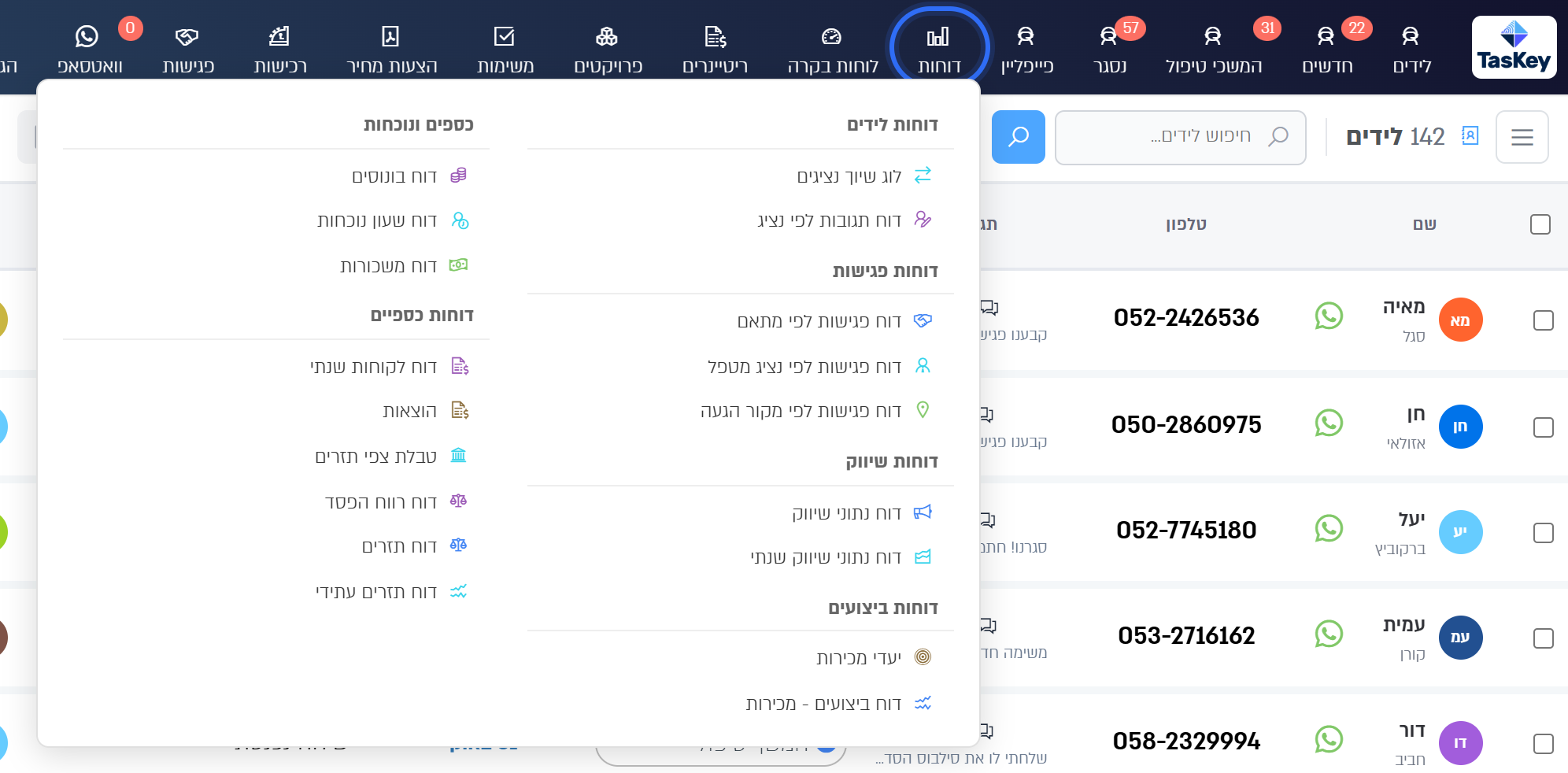 תפריט הדוחות פתוח