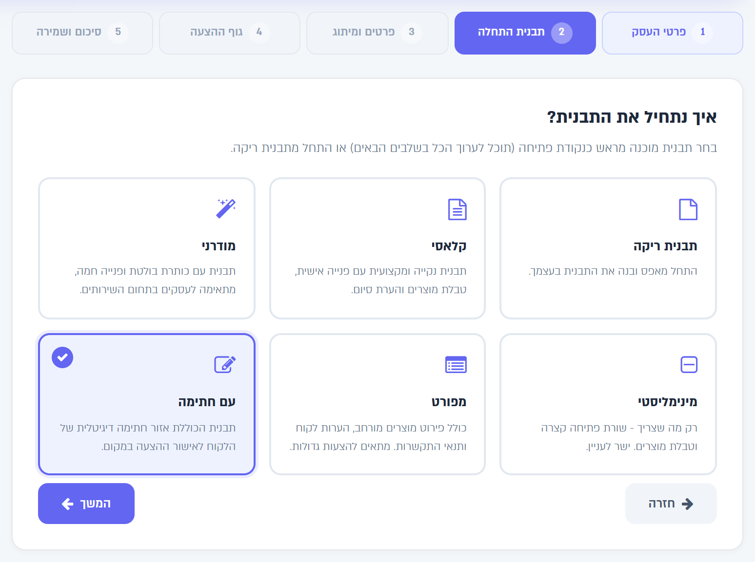 האשף בשלב תבנית התחלה: תבנית ריקה, קלאסי, מודרני, מינימליסטי, מפורט ועם חתימה