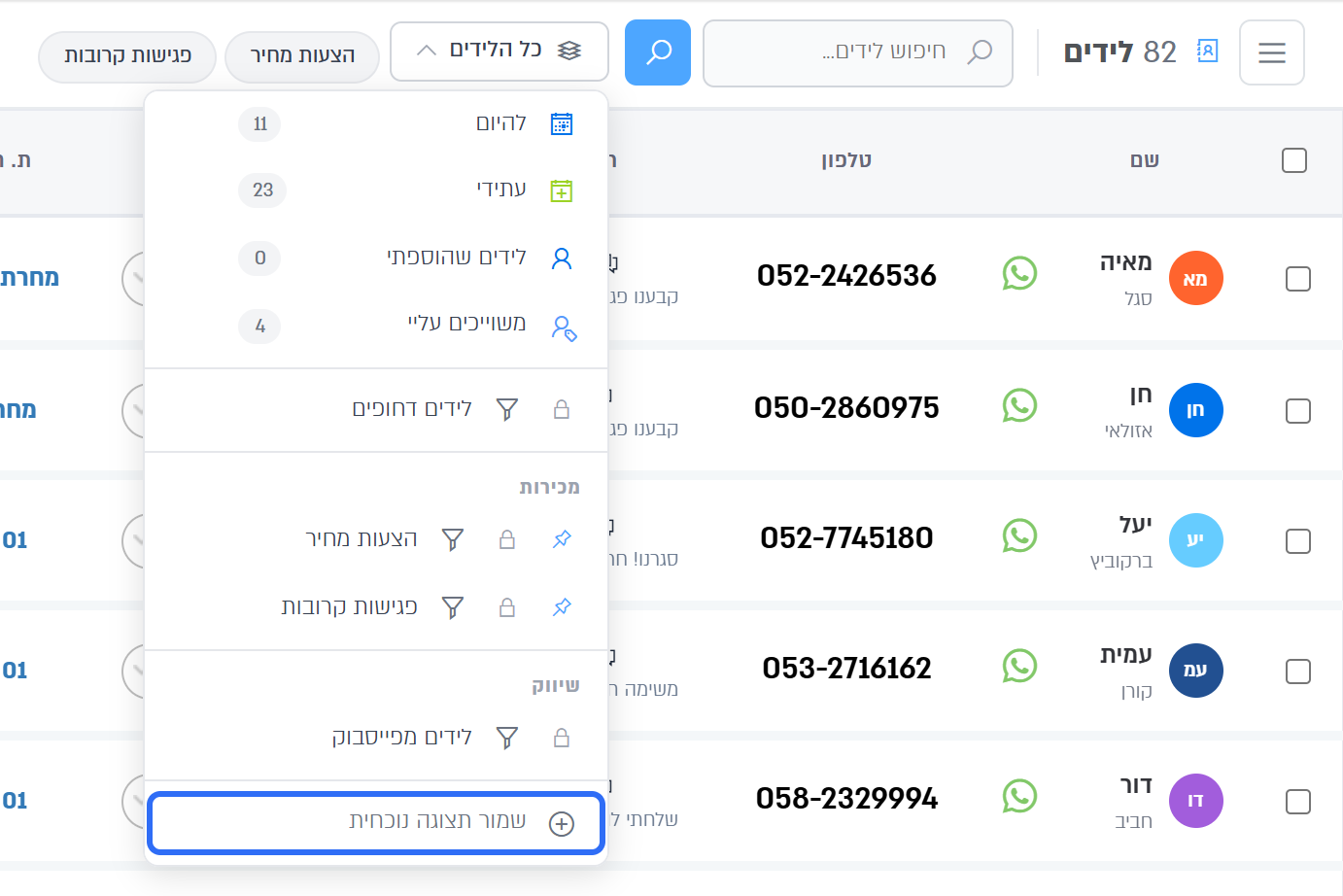 התצוגות השמורות בתחתית התפריט, והכפתור שמור תצוגה נוכחית