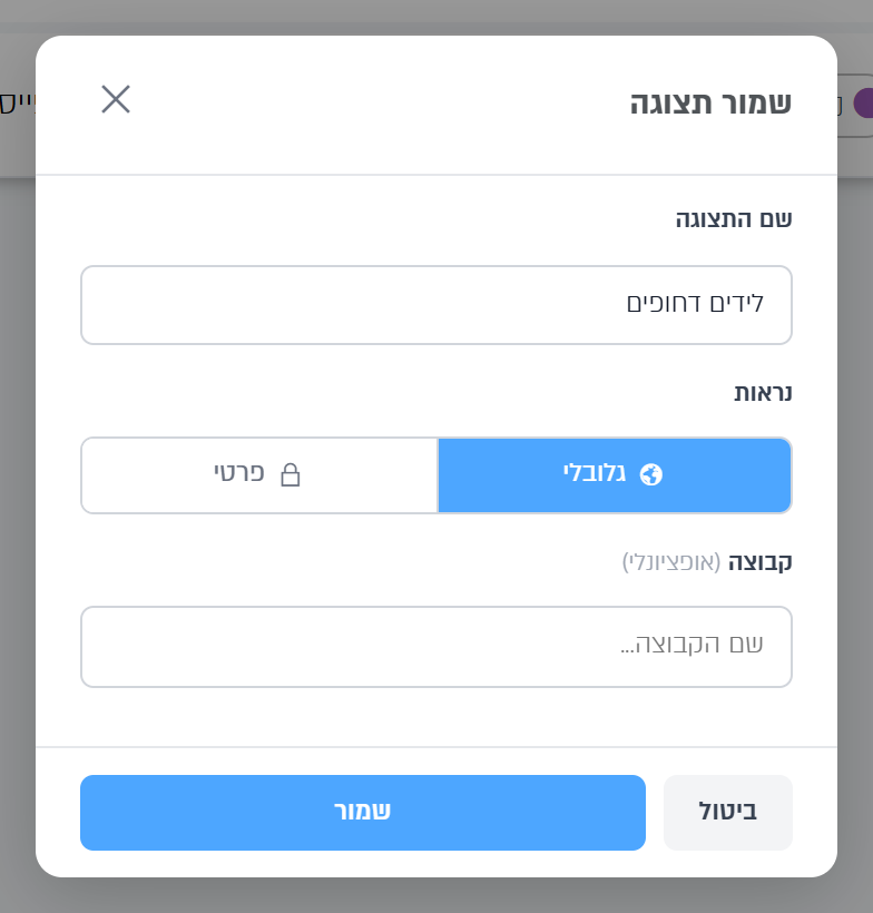 חלון שמור תצוגה: שם, נראות וקבוצה