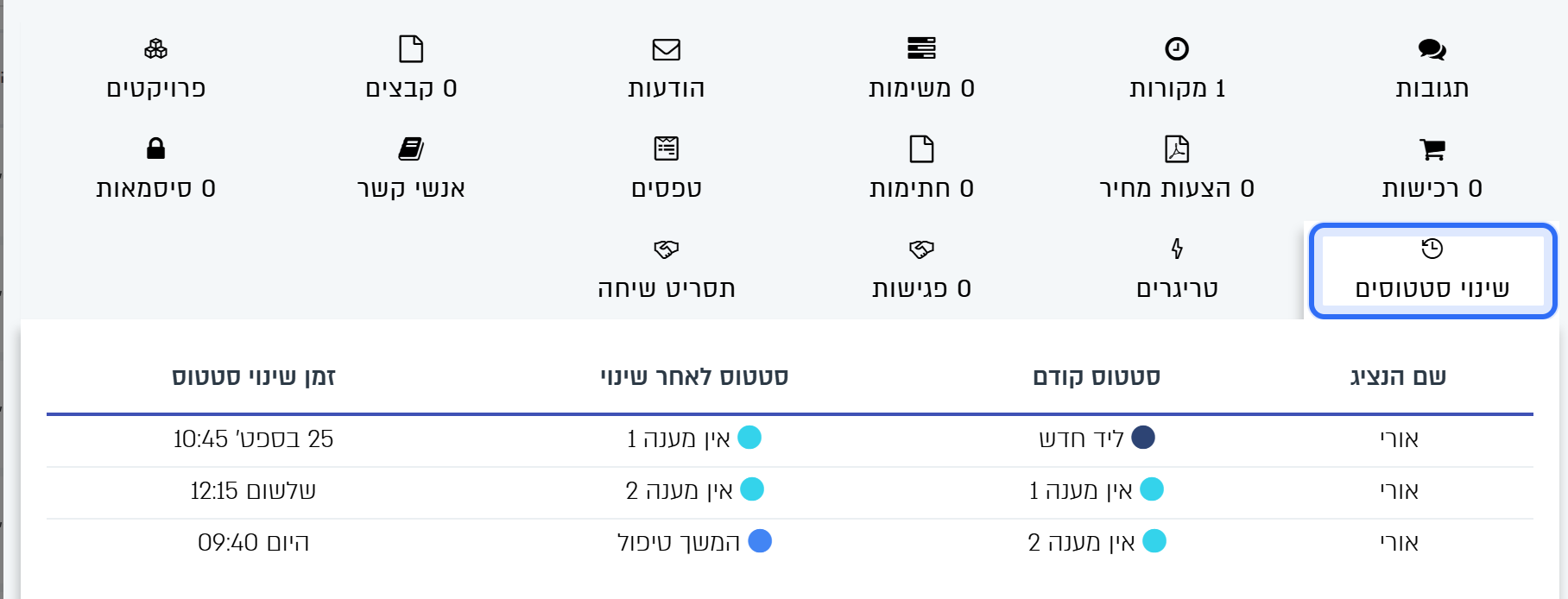 לשונית שינוי סטטוסים בכרטיס הליד