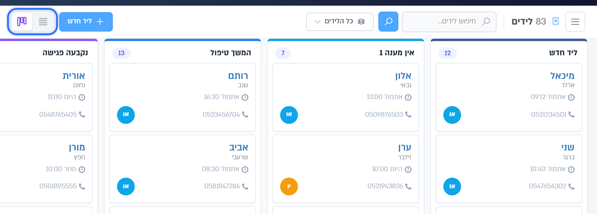 לוח הפייפליין, וכפתור המעבר בין טבלה לפייפליין