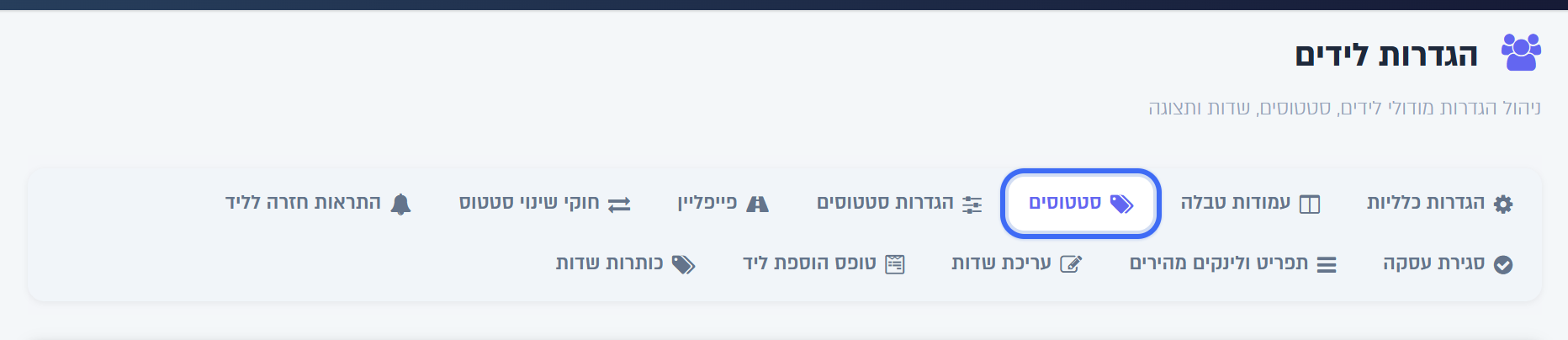 הלשוניות במסך הגדרות לידים
