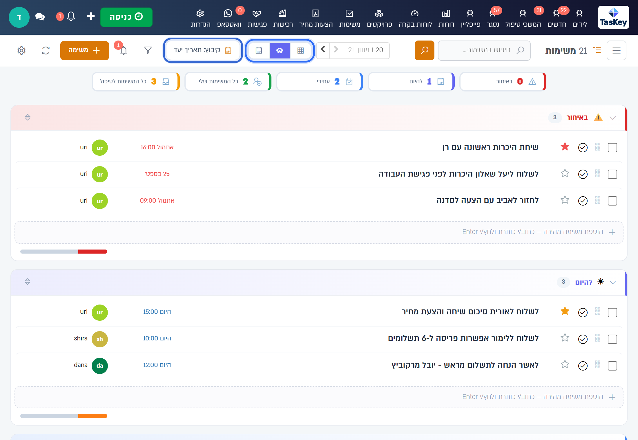 תצוגה מקובצת לפי תאריך יעד: באיחור, להיום, מחר