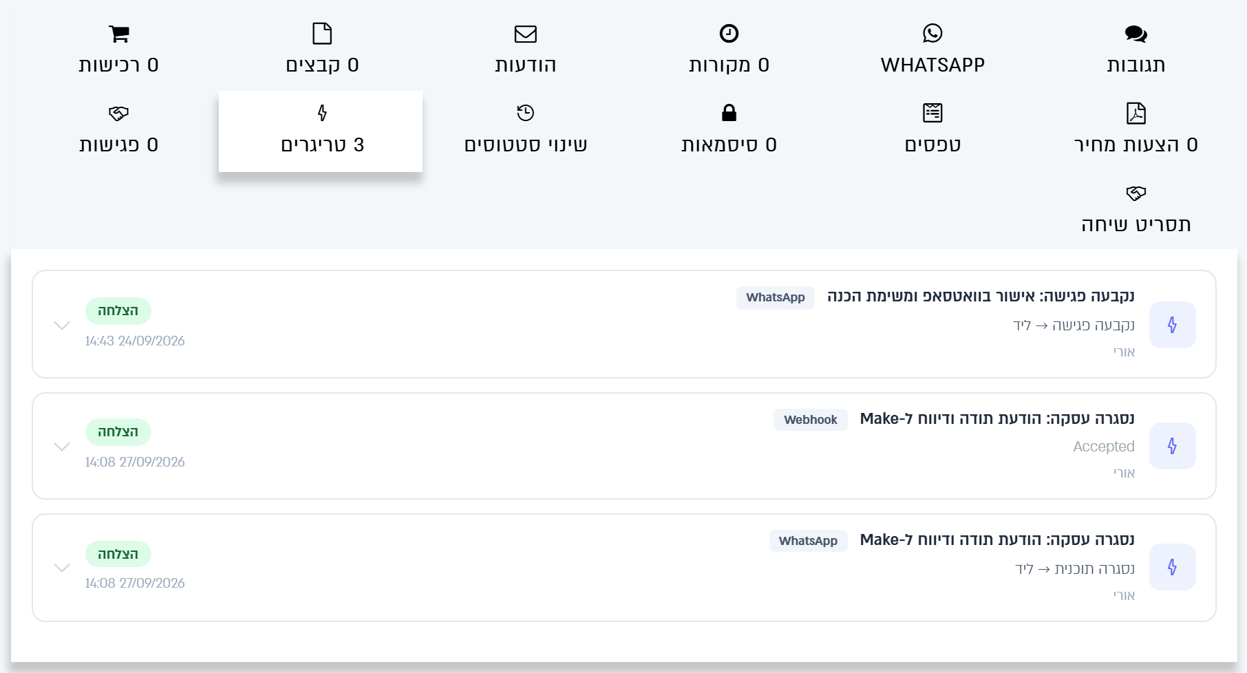 טאב הטריגרים בכרטיס ליד: שלוש פעולות שרצו על הליד