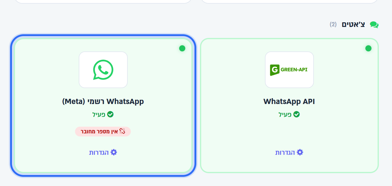 הכרטיס WhatsApp רשמי (Meta) בחיבורים למערכות