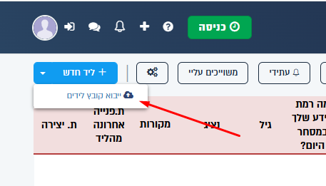 ייבוא קובץ לידים מהתפריט