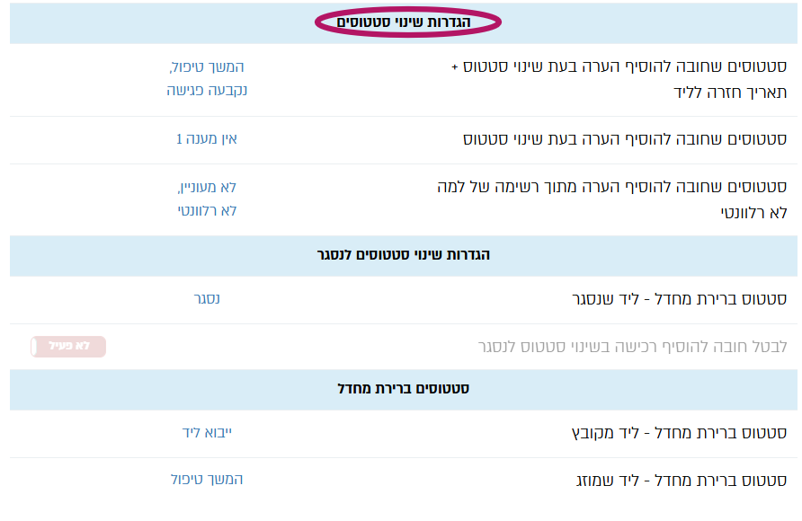 הגדרות שינוי סטטוסים