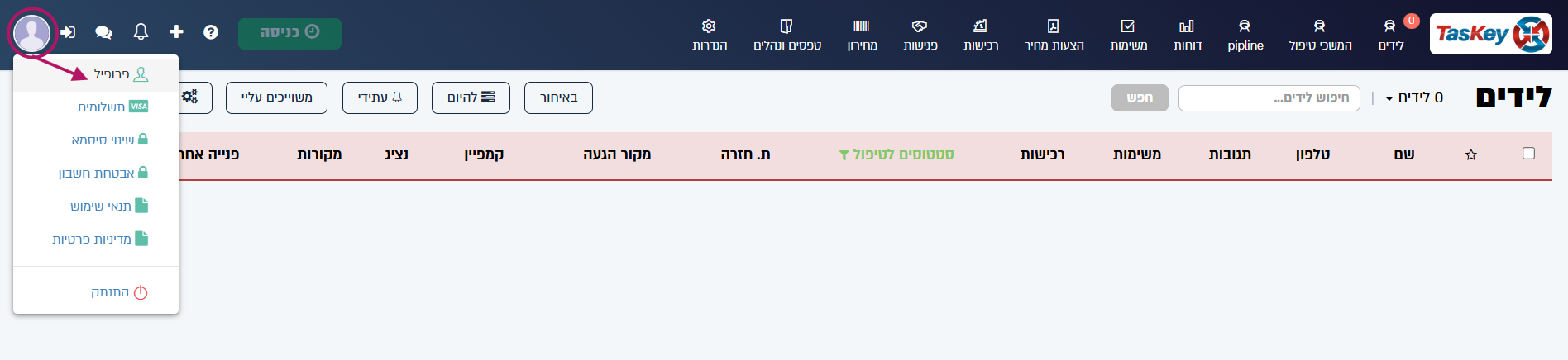פתיחת הפרופיל האישי